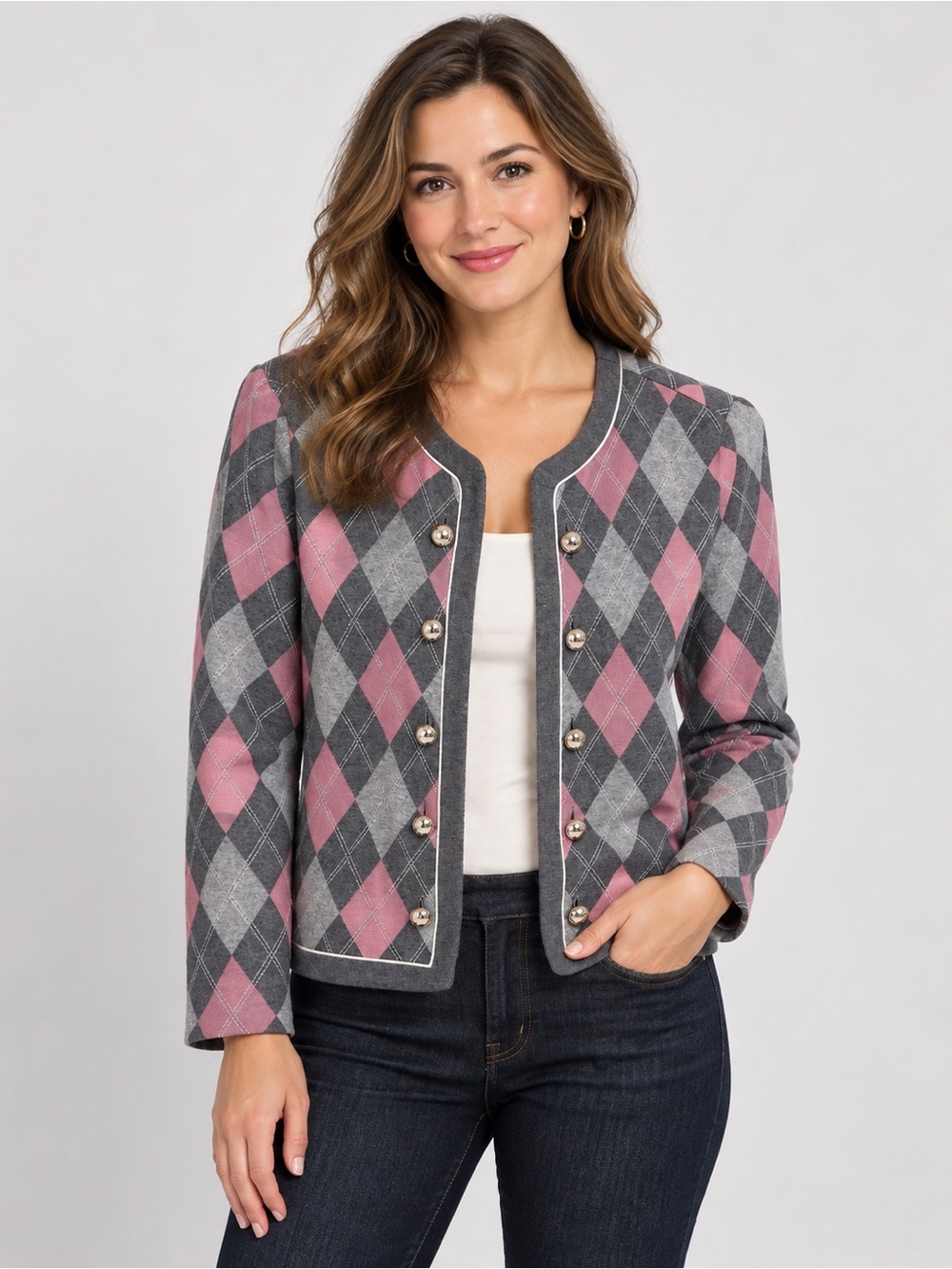 Vintage Leslie Fay Pink and Gray Argyle Pearl-Button Knit Jacket